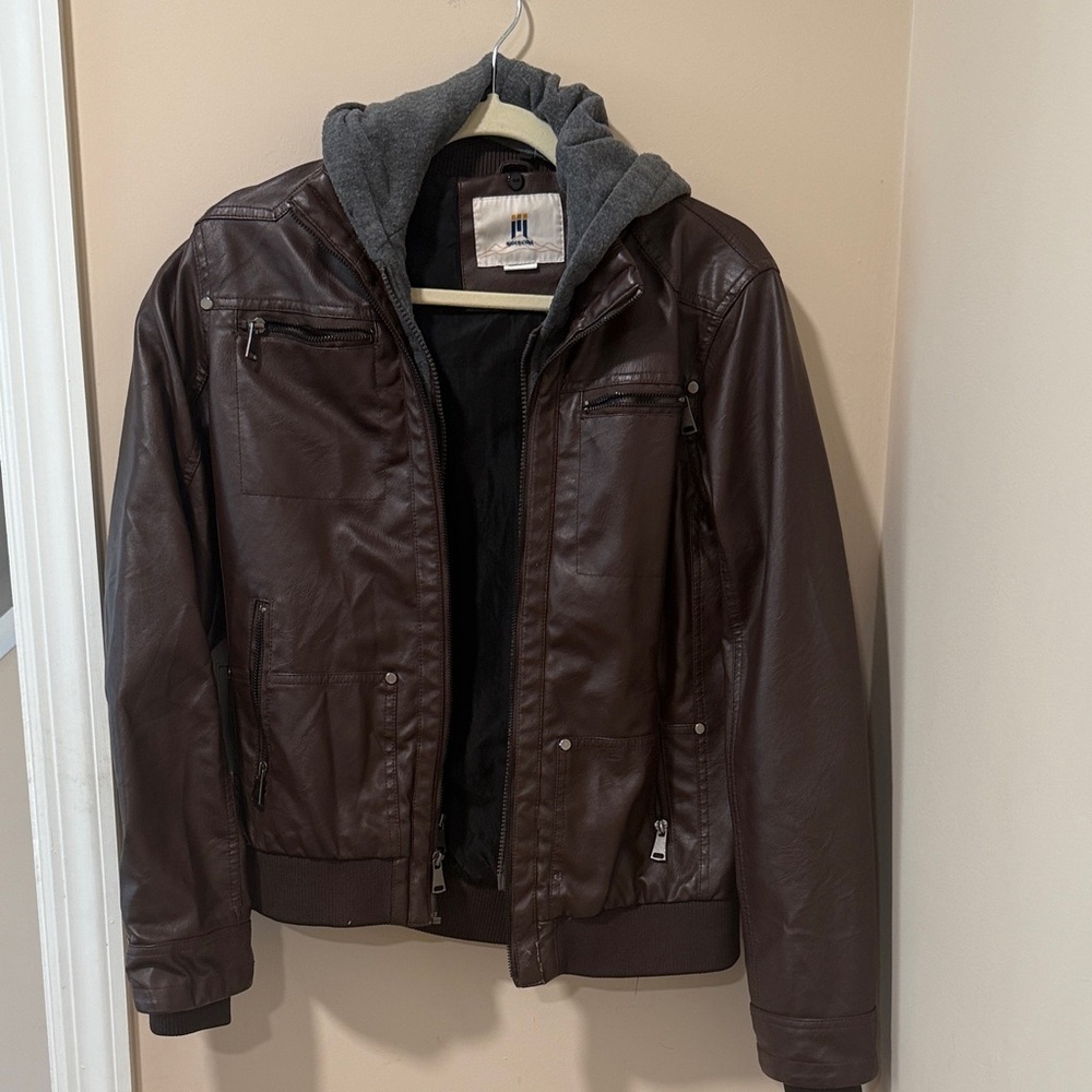 Boy's Brown Leather Jacket with Gray Hood